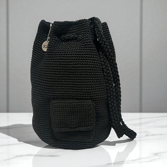 The Sak Crochet Backpack Black Crochet Purse Double Strap Drawstring Back Boho - Picture 1 of 8